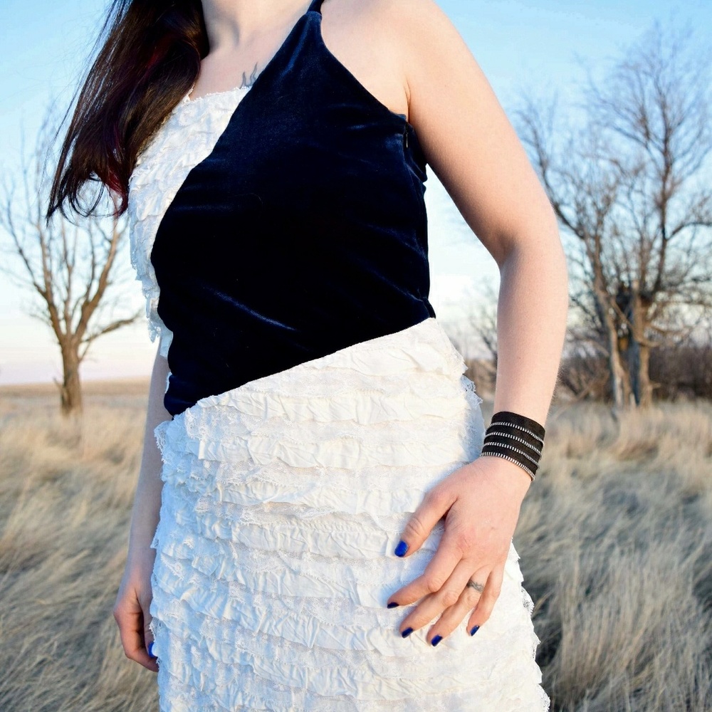 Asymmetrical White Lace & Blue Velvet​ Dress